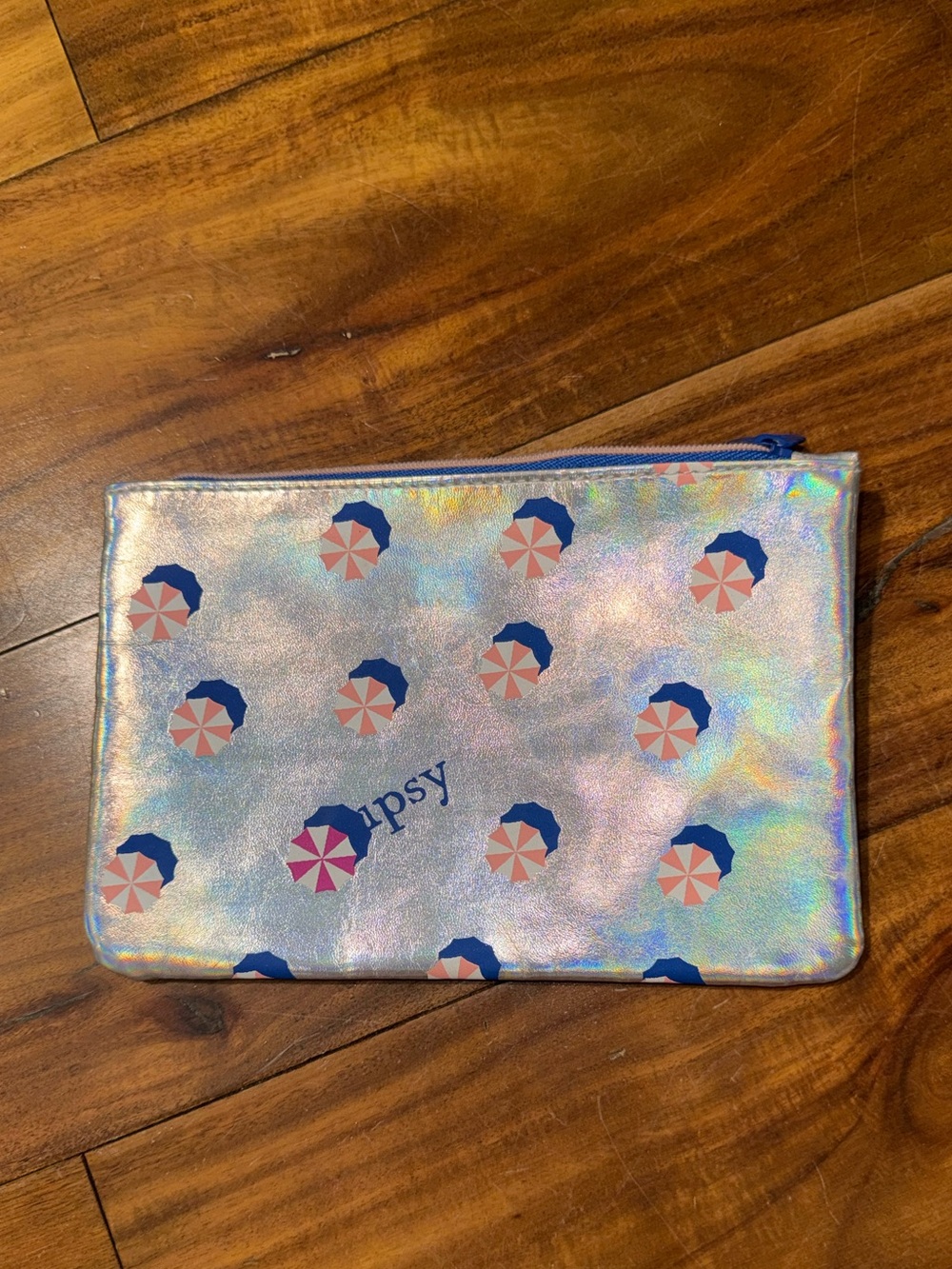 Ipsy 2016 Iridescent Silver cosmetic Pouch with Pink and Blue Umbrella Print